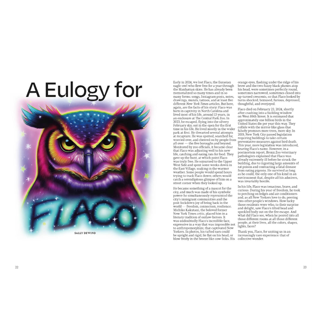 The Other Almanac 2025 paperback book, A Eulogy for Flaco sample page.