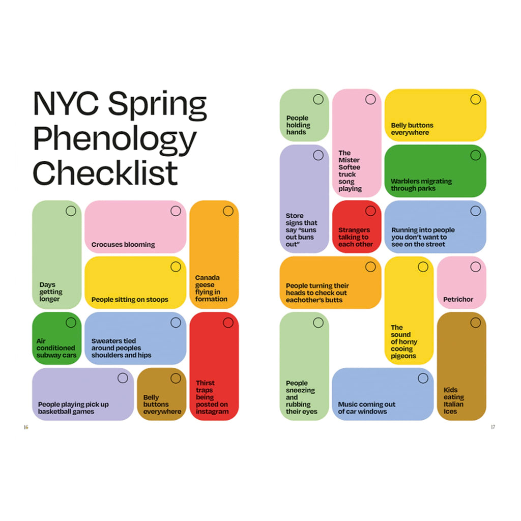 The Other Almanac 2025 paperback book, NYC Spring Phenology Checklist sample page.