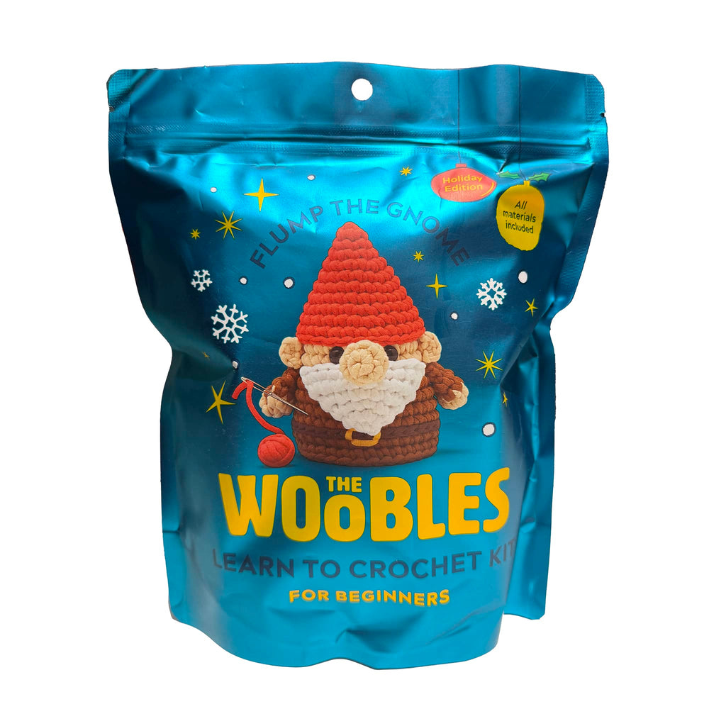 Crochet kit packaging for 'Flump the Gnome' with blue background and gnome illustration, on a white background.