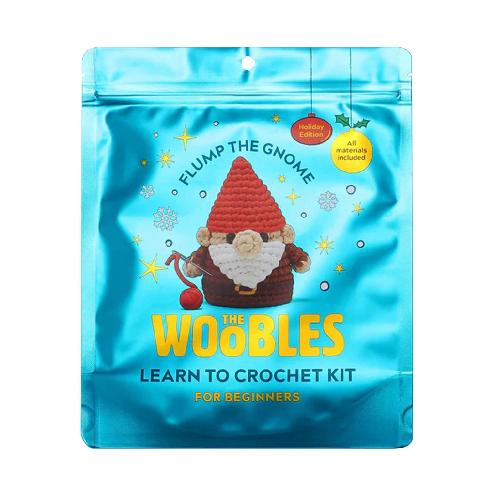 Crochet kit packaging for 'Flump the Gnome' with blue background and gnome illustration, on a white background.