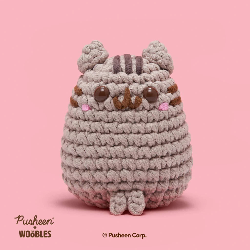 Finished The Woobles Pusheen crochet kit project, front view, on a pink background.