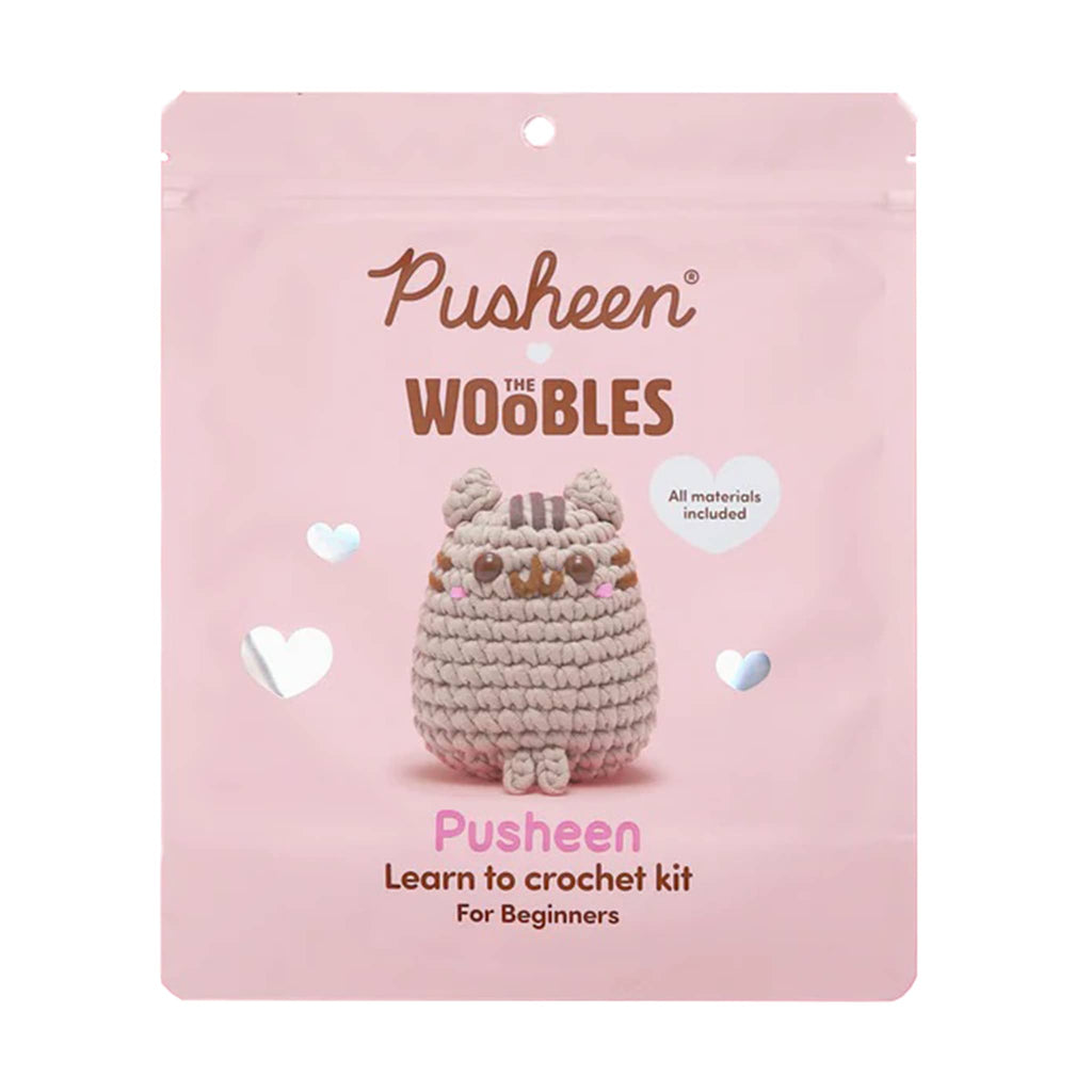 Pusheen crochet kit pink packaging on a white background.