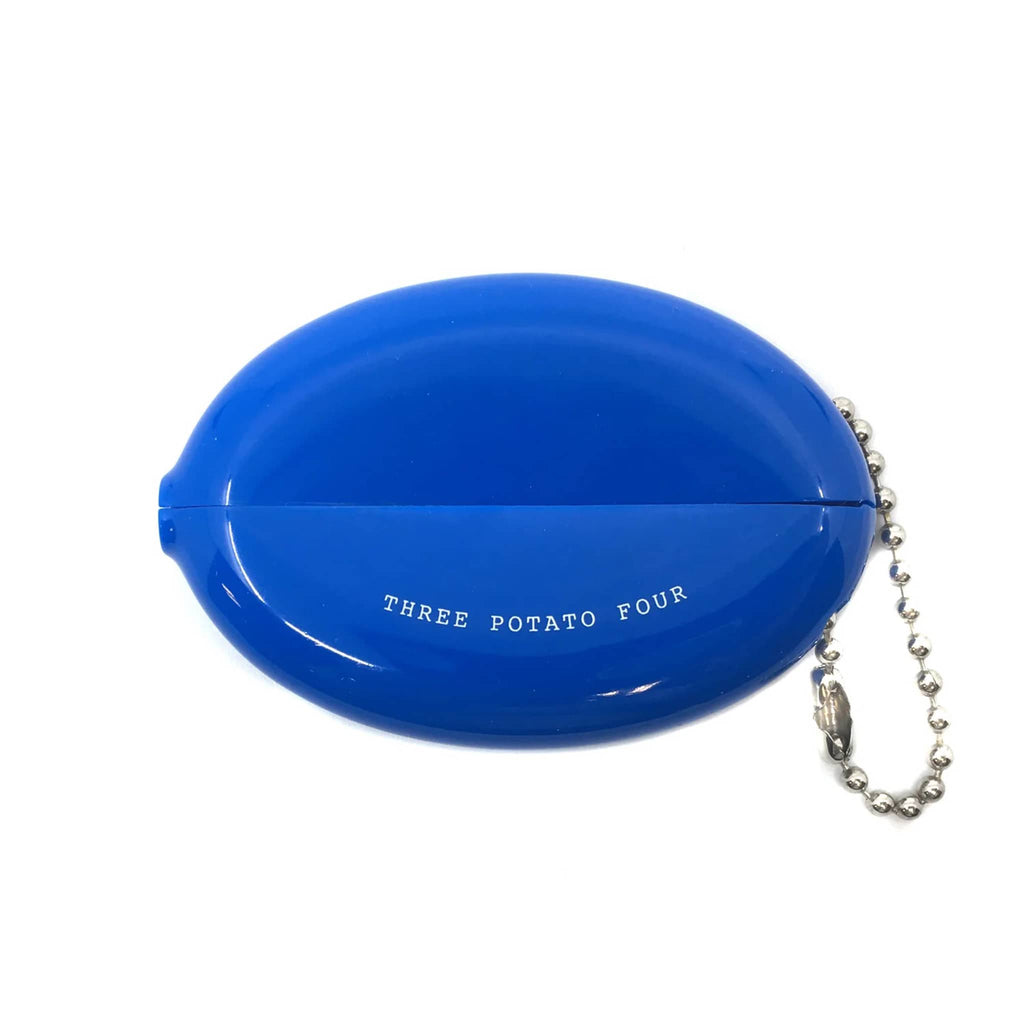 Blue coin pouch with 'THREE POTATO FOUR' text and ball chain on a white background.