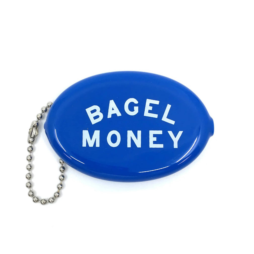 Blue coin purse with 'Bagel Money' text in white, on a white background.