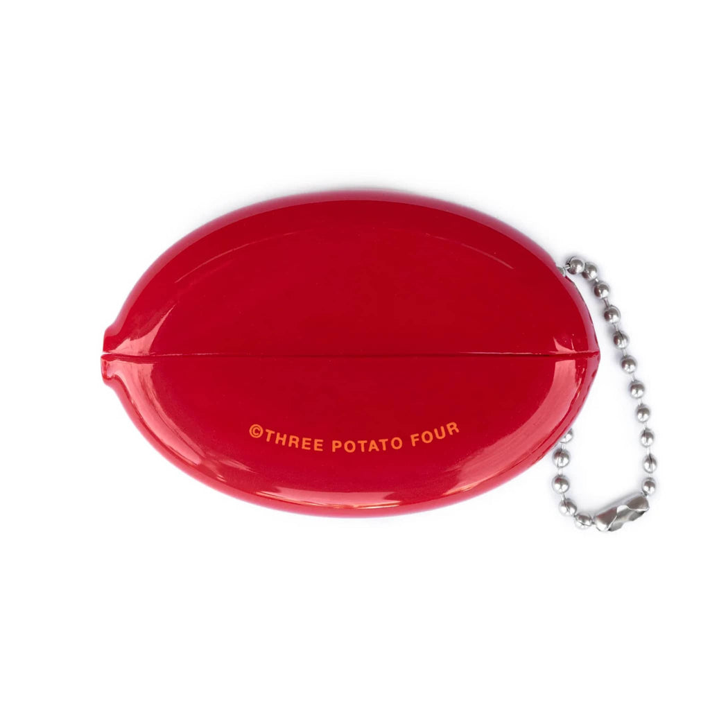 Red coin pouch with ball chain on a white background, featuring 'Three Potato Four' branding.