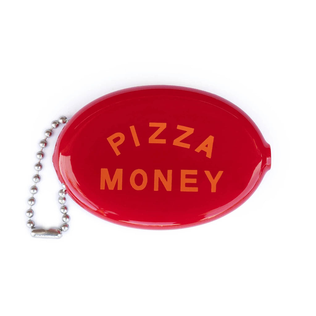 Red coin purse with 'Pizza Money' text in orange, on a white background.