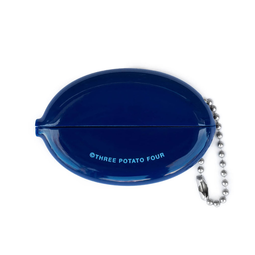 Navy blue coin purse with ball chain and 'THREE POTATO FOUR' branding, on a white background.