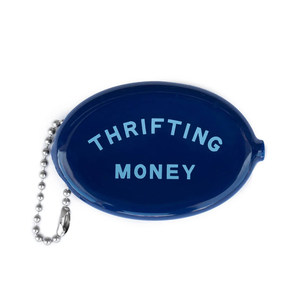 Navy blue coin purse with 'THRIFTING MONEY' text in light blue, on a white background.