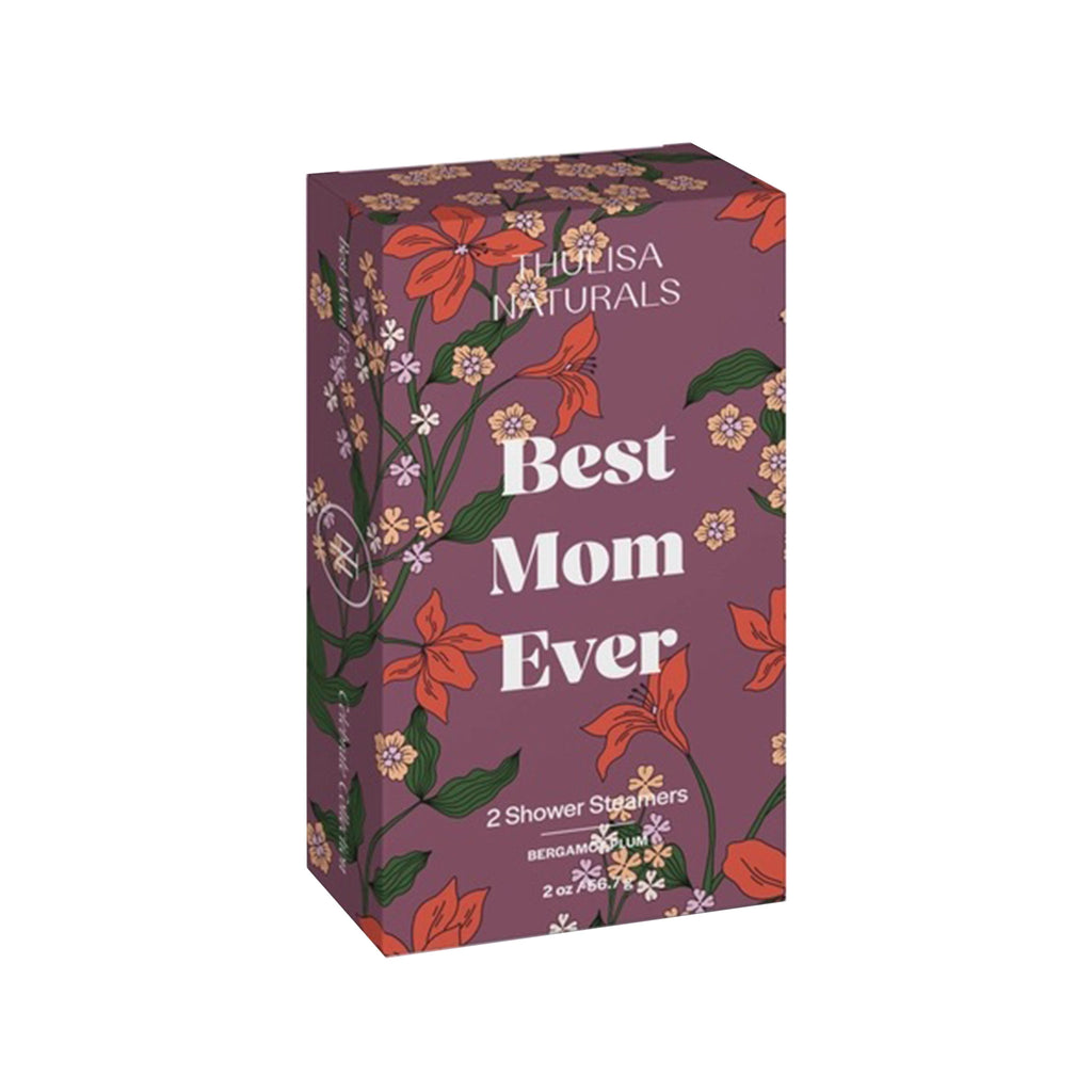 Thulisa Naturals Bergamot Plum Shower Steamers 2 Pack in plum floral box with "Best Mom Ever" in white lettering, front angle view.