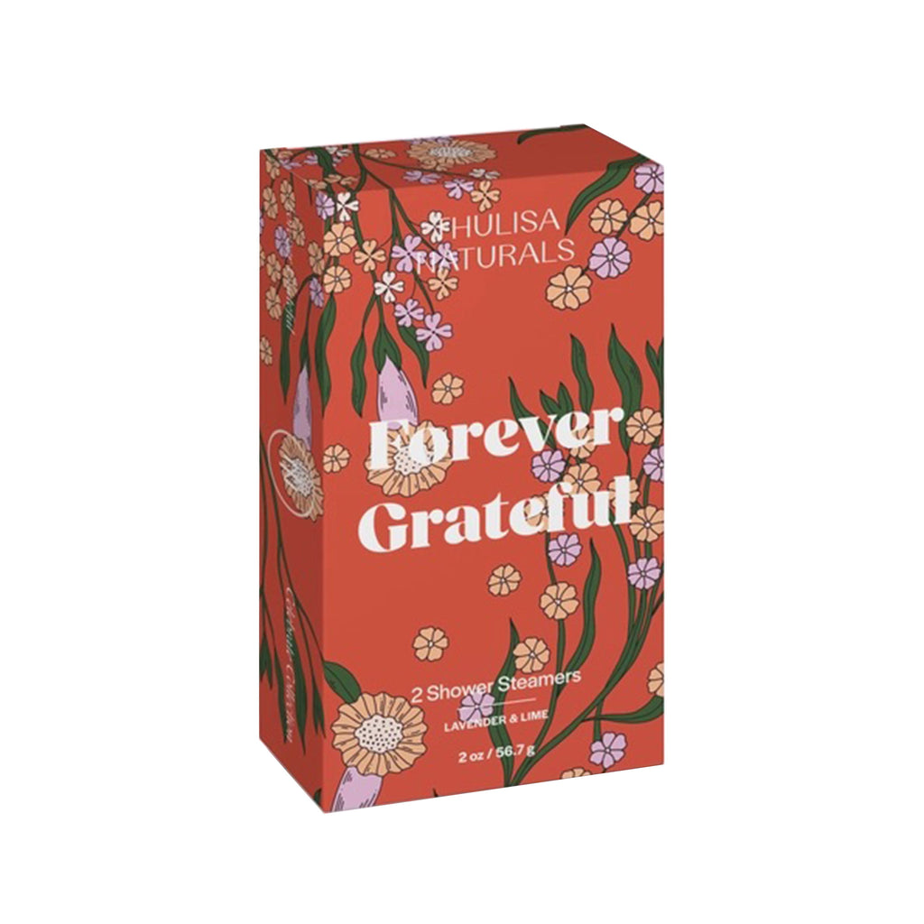 Thulisa Naturals Lavender and Lime Shower Steamers 2 Pack in red floral box with "Forever Grateful" in white lettering, front angle view.