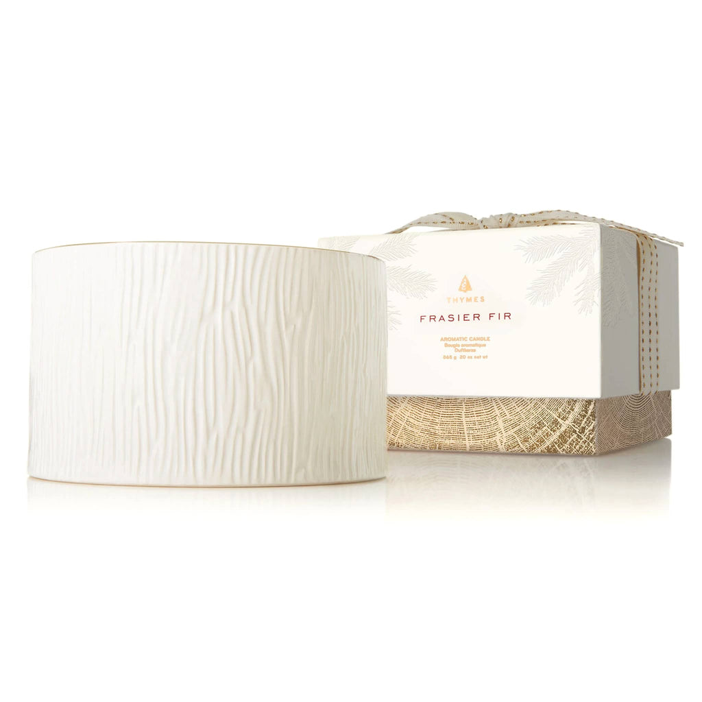 Thymes Frasier Fir 20 ounce gilded white ceramic large 3-wick candle with gift box.