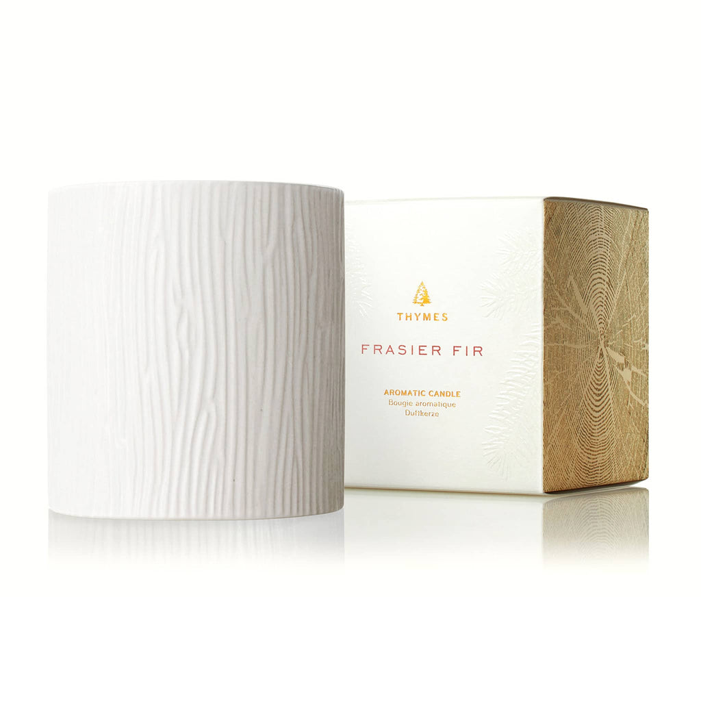 Thymes Frasier Fir 11 ounce medium gilded white ceramic candle with gift box.