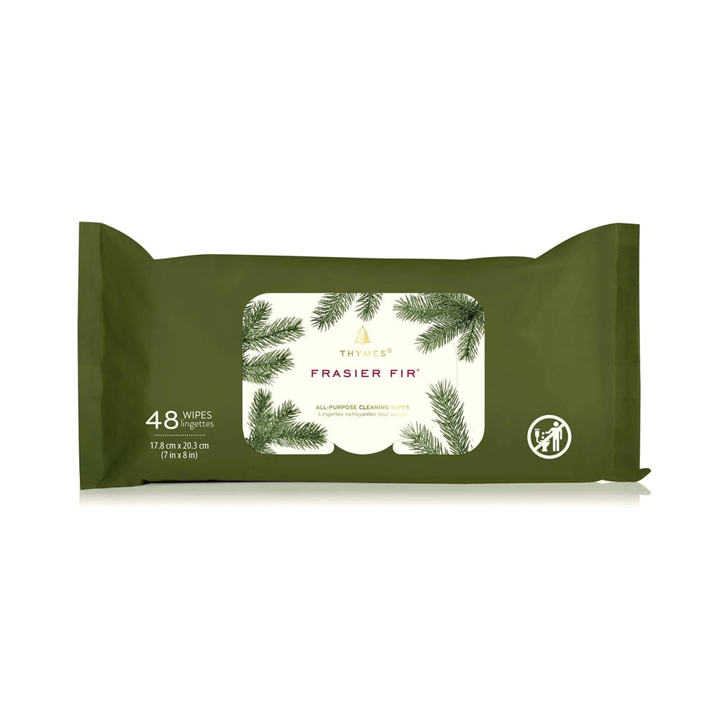 Thymes Frasier Fir scented all-purpose cleaning wipes, pack of 48 in green pouch packaging.