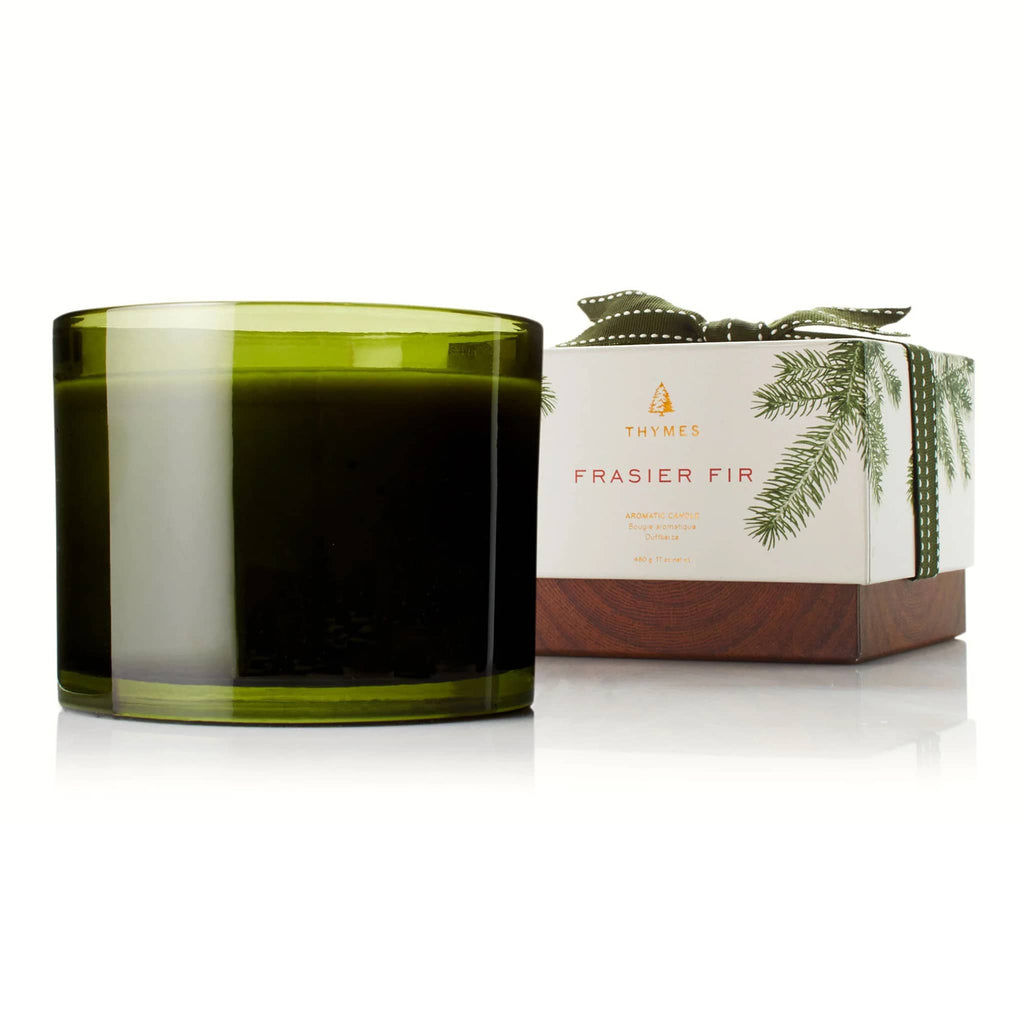 Thymes Frasier Fir 17 ounce heritage green large poured 3-wick candle with gift box.