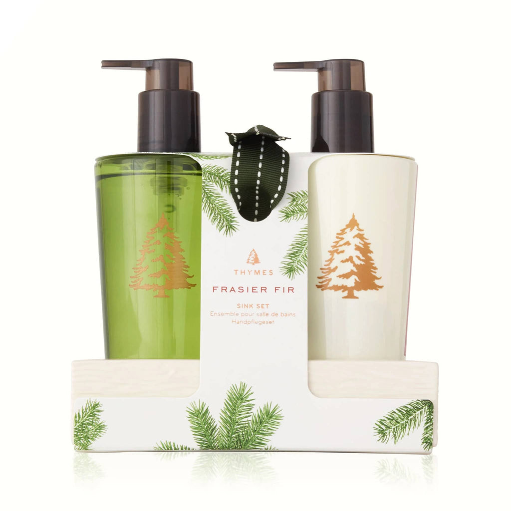 Thymes Frasier Fir Heritage Liquid hand wash and lotion sink set in white ceramic woodgrain caddy.