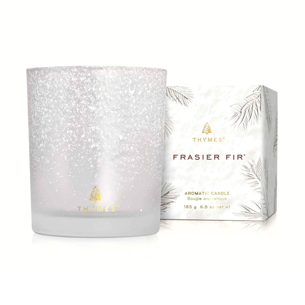 Thymes Frasier Fir 6.5 ounce medium white flocked poured candle with white gift box.