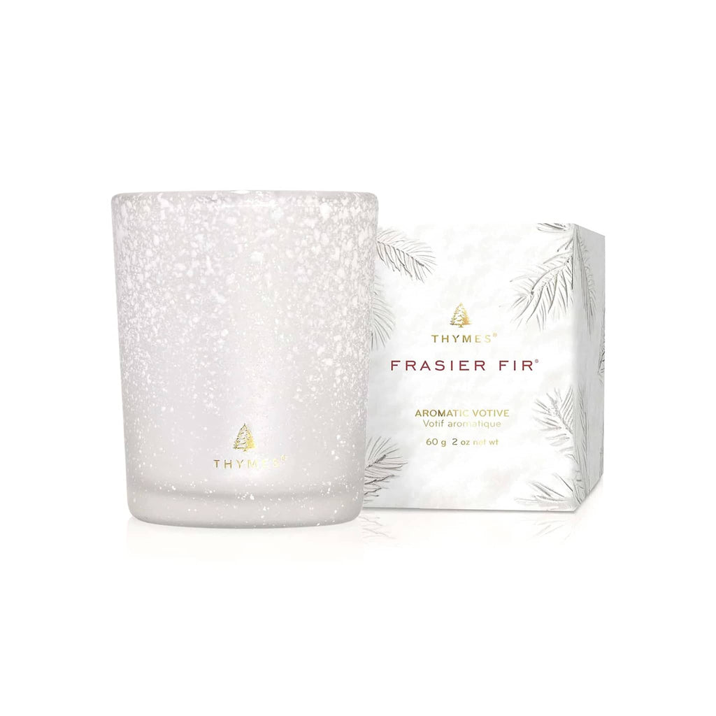 Thymes Frasier Fir 2 ounce white flocked votive candle with white gift box.