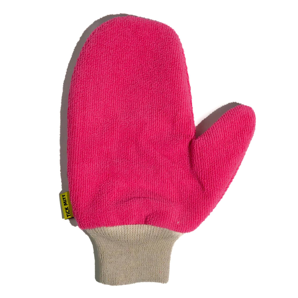 Tick Mitt in pink, adult size, front view.
