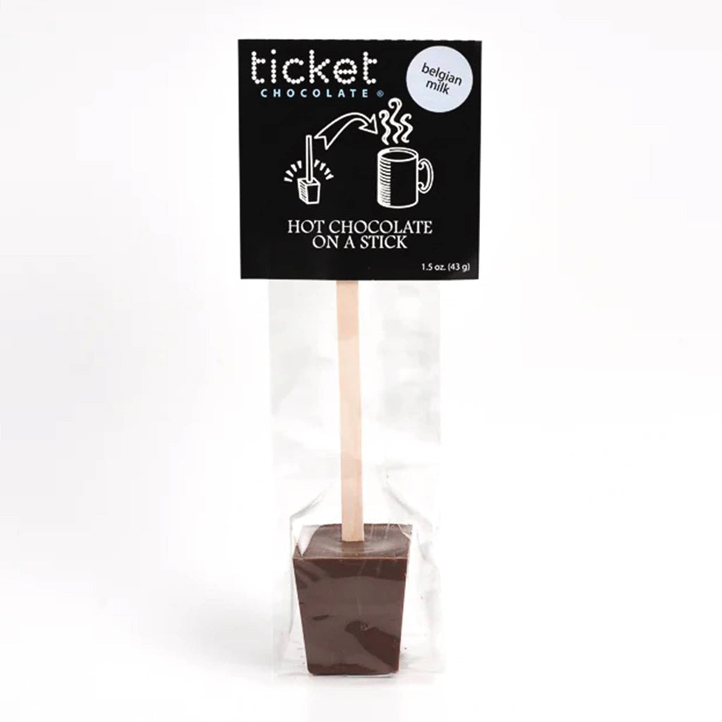 Ticket Chocolate Belgian Milk Hot Chocolate on a Stick in cellophane packaging.