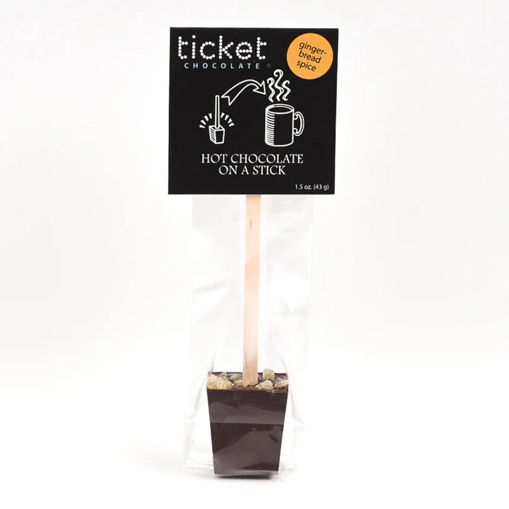 Ticket Chocolate Gingerbread Spice Milk Hot Chocolate on a Stick in cellophane packaging.