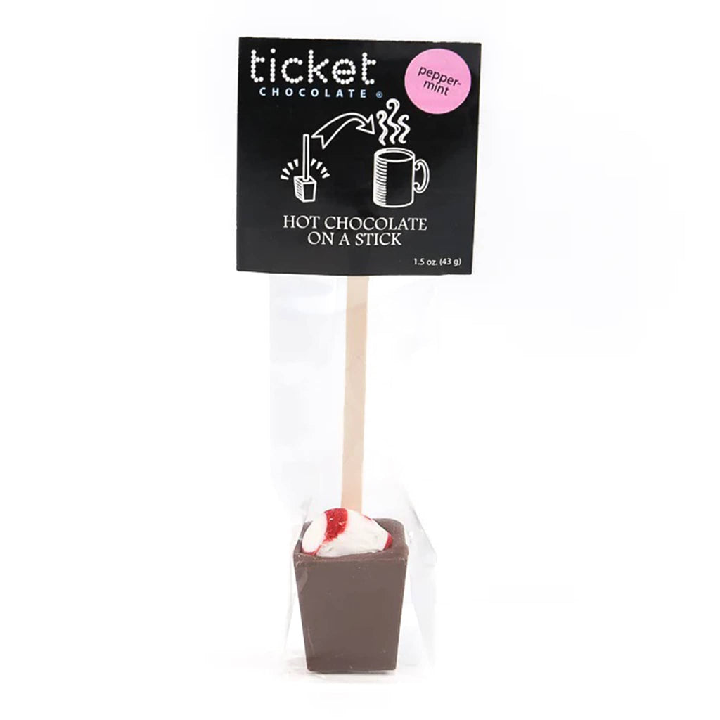 Ticket Chocolate Peppermint Milk Hot Chocolate on a Stick in cellophane packaging.