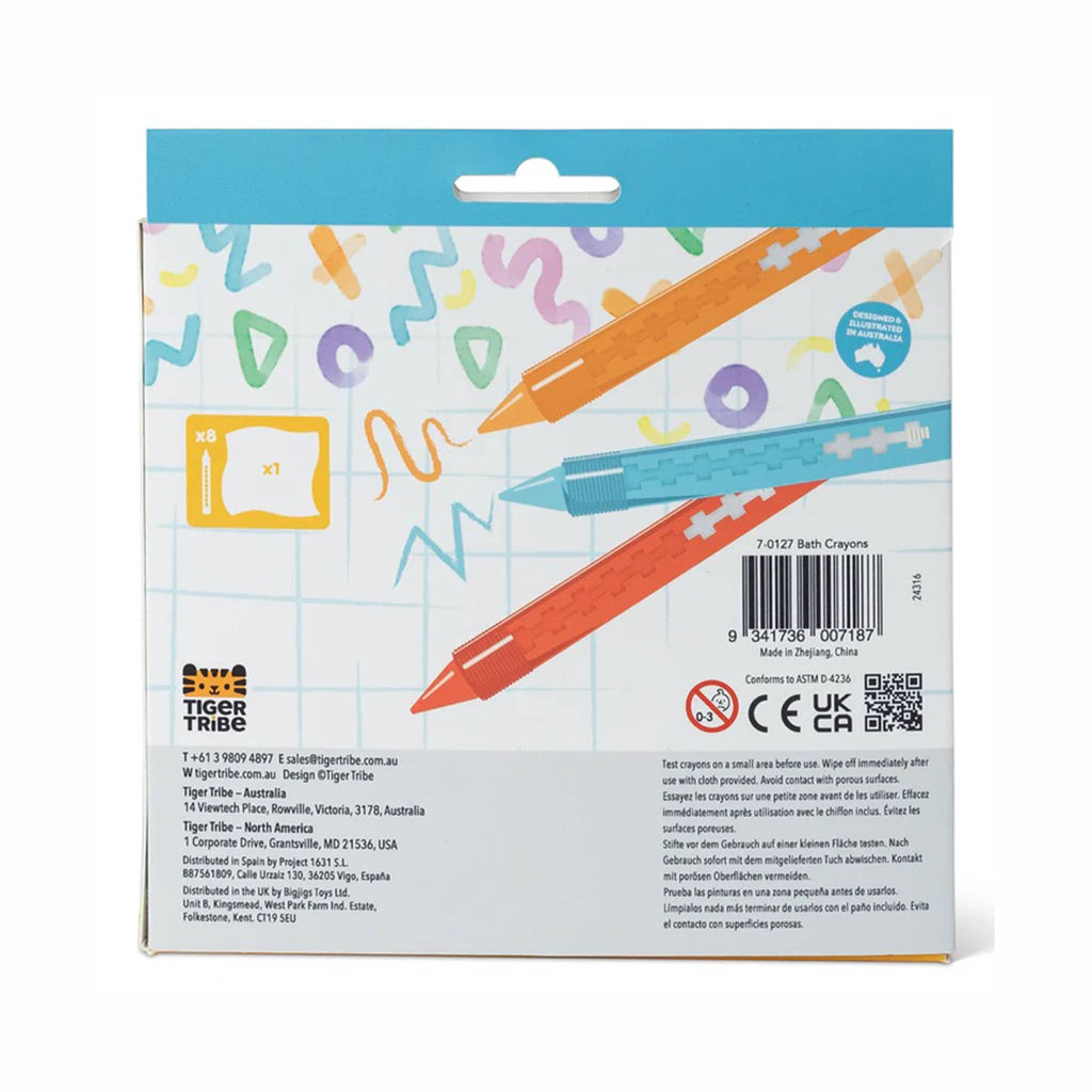 Back of packaging for bath crayons on a white background.