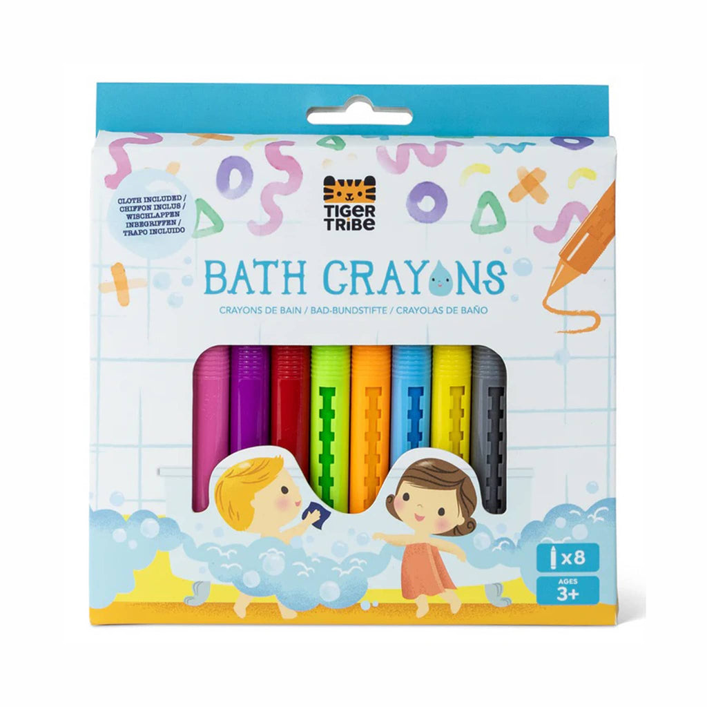 Packaging of Tiger Tribe bath crayons with colorful crayon illustrations on a white background.