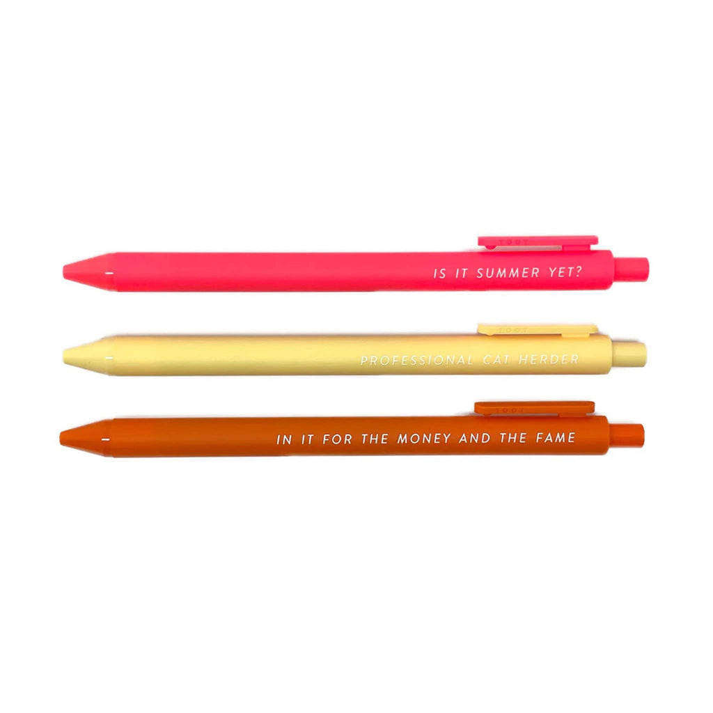 Tiny Hooray bright jotter pens, set of 3 with sayings made for overworked teachers.