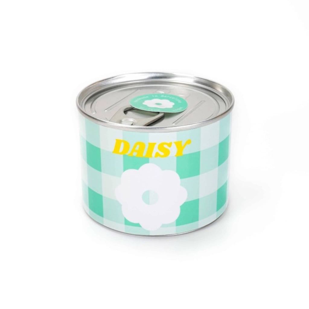 to:from Daisy scented soy wax candle in aluminum tin can packaging with pull ring.