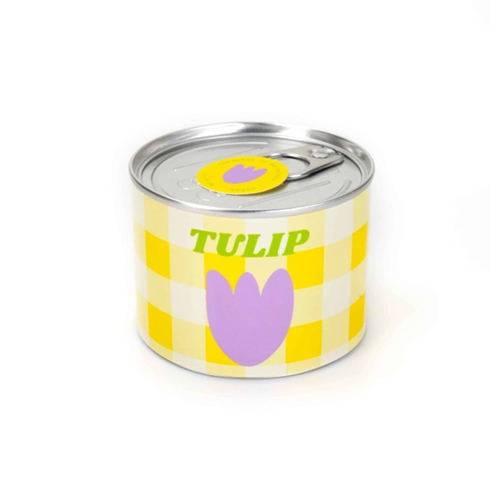 to:from Tulip scented soy wax candle in aluminum tin can packaging with pull ring.