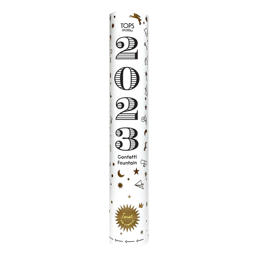 Tops Malibu 2023 Graduation Confetti Fountain tube in white with "2023" in black lettering and gold foil accents.