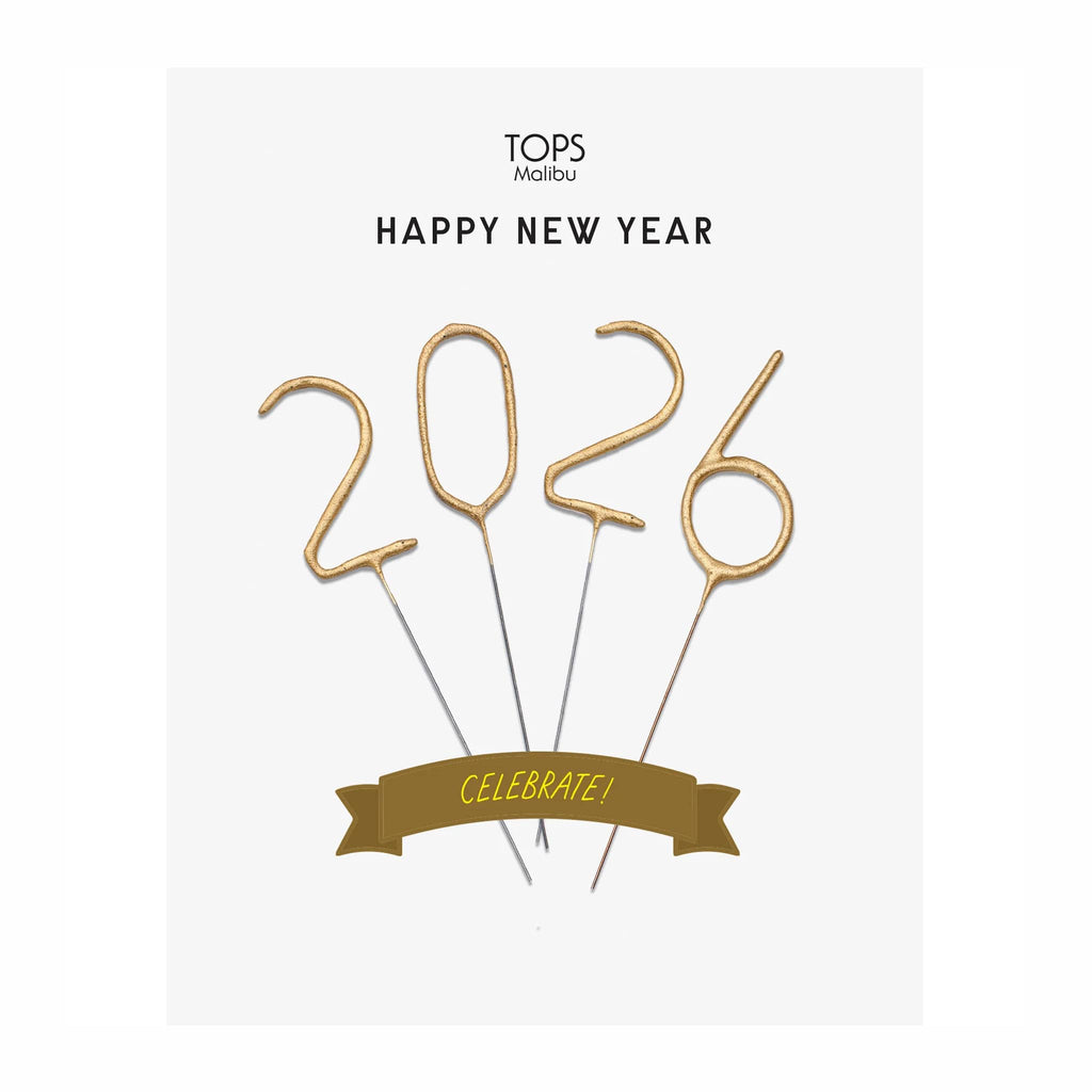 Gold '2026' New Year's Eve number sparklers on a white background with 'Tops Malibu' branding.