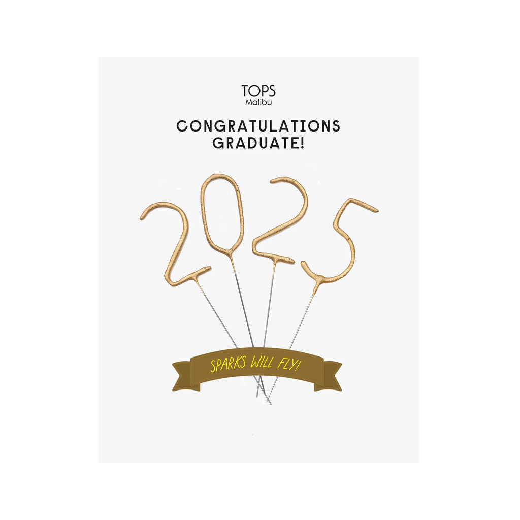 Tops Malibu 2025 gold number mini sparklers on card backing with Congratulations Graduate!