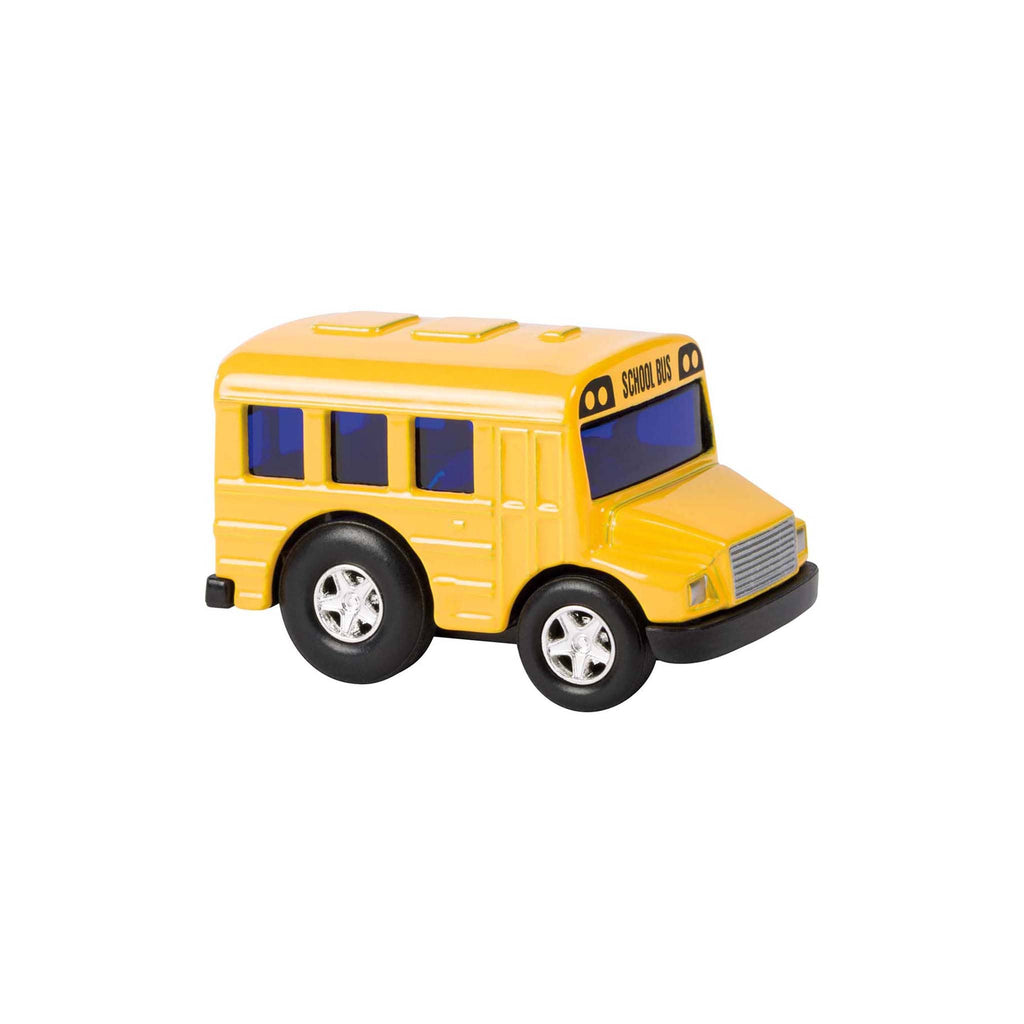 Toysmith Rollin' Mini School Bus with pull back and go action, front and side view.