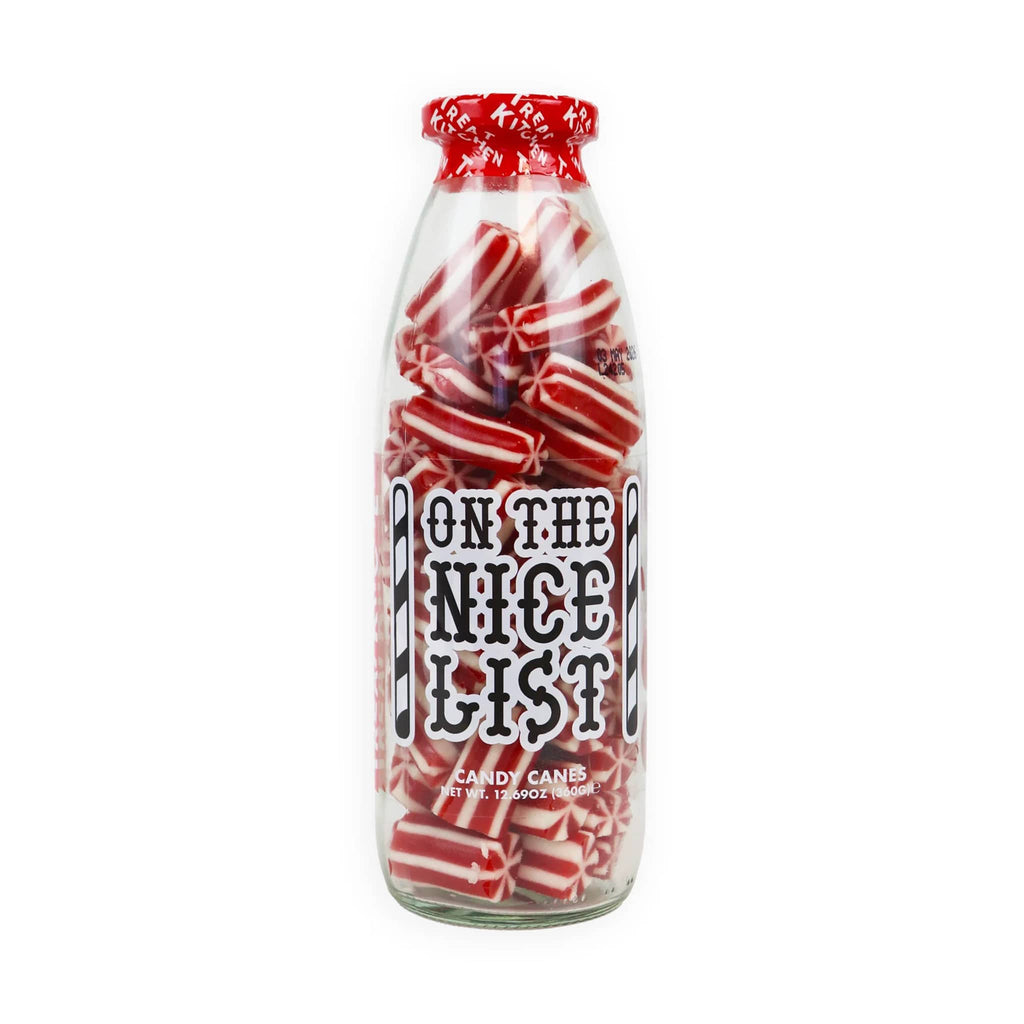 Bottle filled with red and white candy cane-inspired gummies, labeled 'On the Nice List', on a white background.
