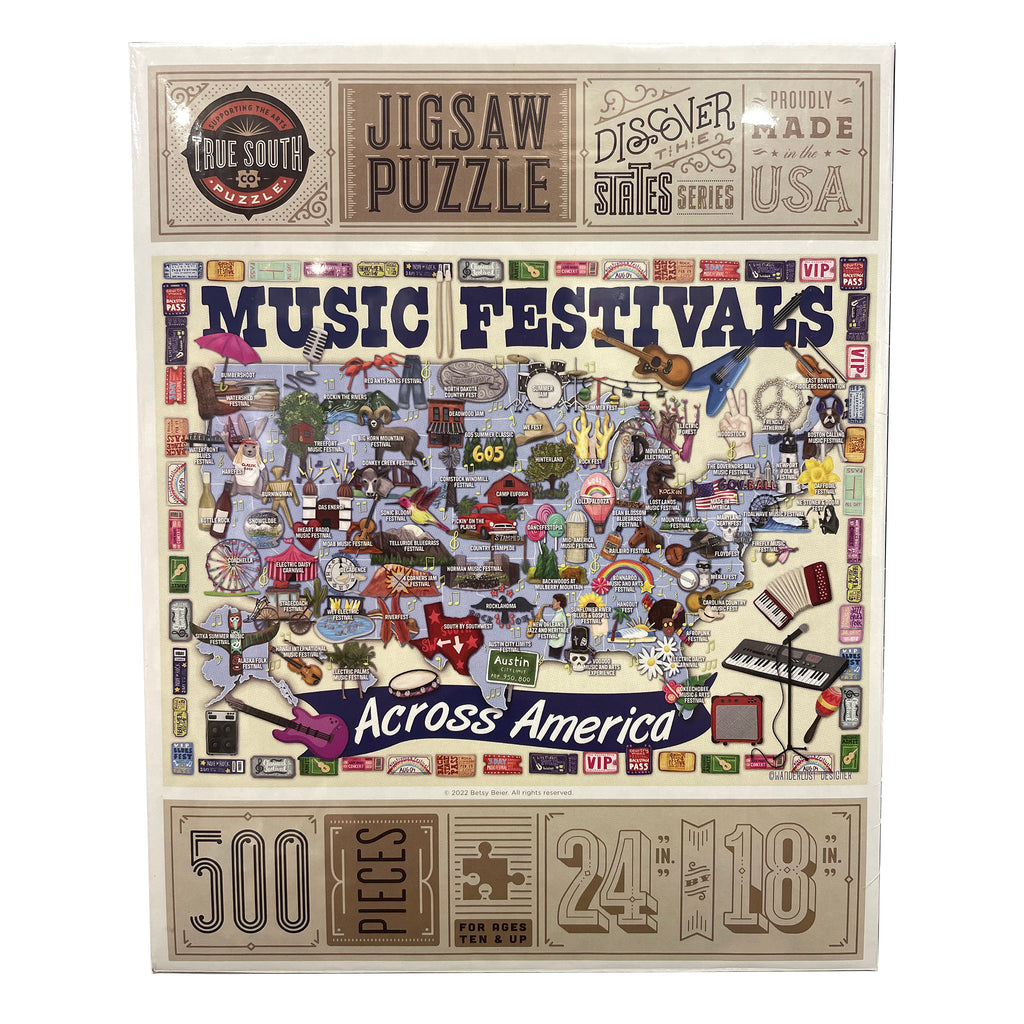 True South 500 piece Music Festivals Across America jigsaw puzzle box packaging front.