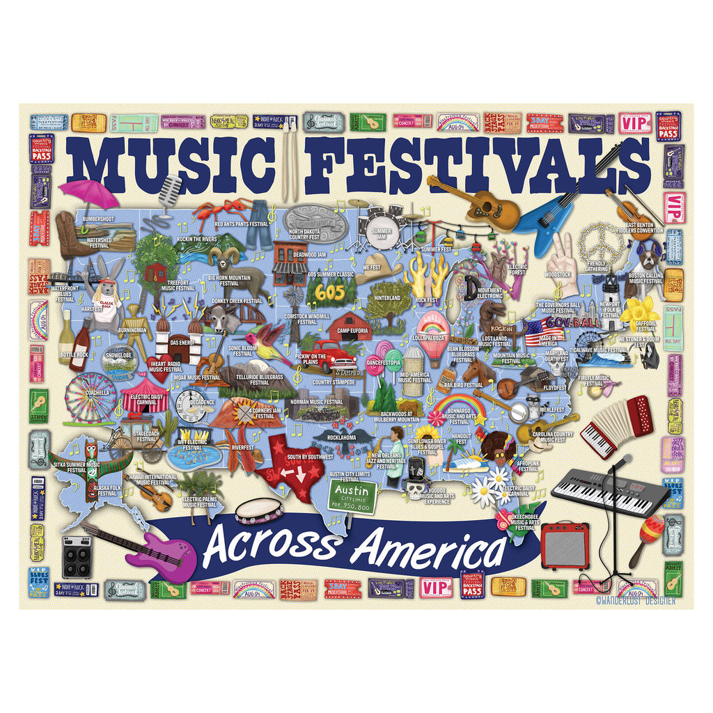 True South 500 piece Music Festivals Across America jigsaw puzzle original artwork.