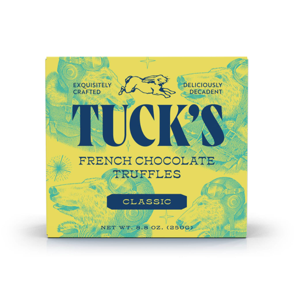 Tuck's Classic French Chocolate Truffles in illustrated box packaging, front view.