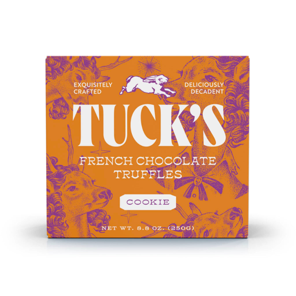 Tuck's Cookie French Chocolate Truffles in illustrated box packaging, front view.