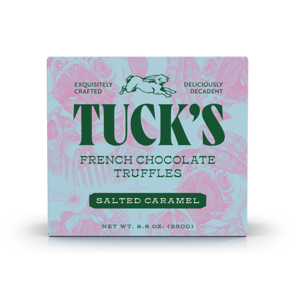 Tuck's Salted Caramel French Chocolate Truffles in illustrated box packaging, front view.