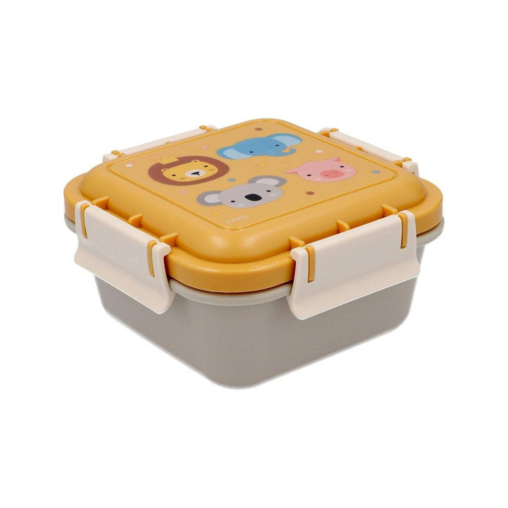 Tan square kids lunch box with animal head designs on the yellow lid, front angle on a white background.