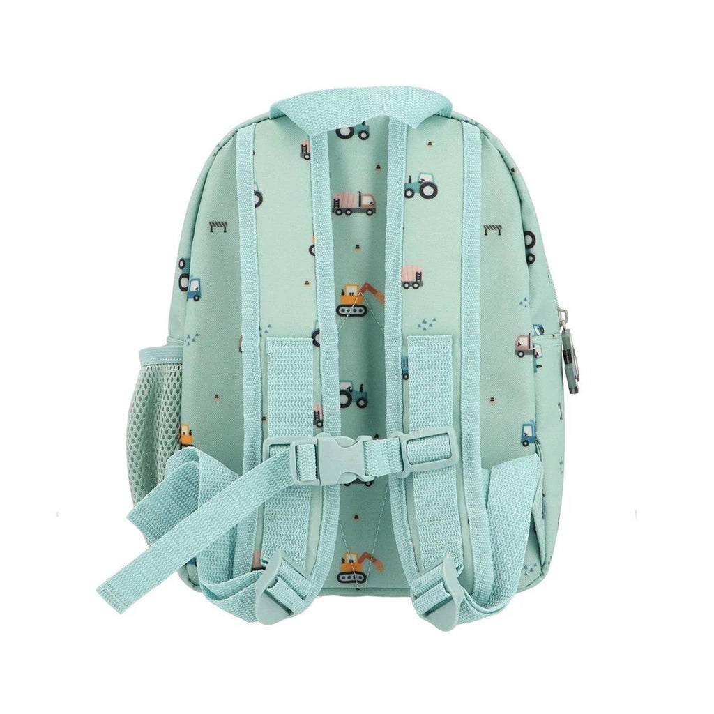 Light blue backpack with small truck illustrations, back view on a white background.