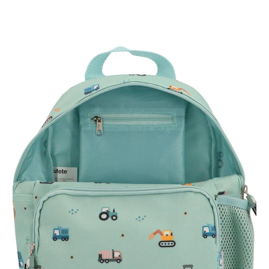 Light blue backpack with small truck illustrations, front view, unzipped to show interior zip pocket, on a white background.