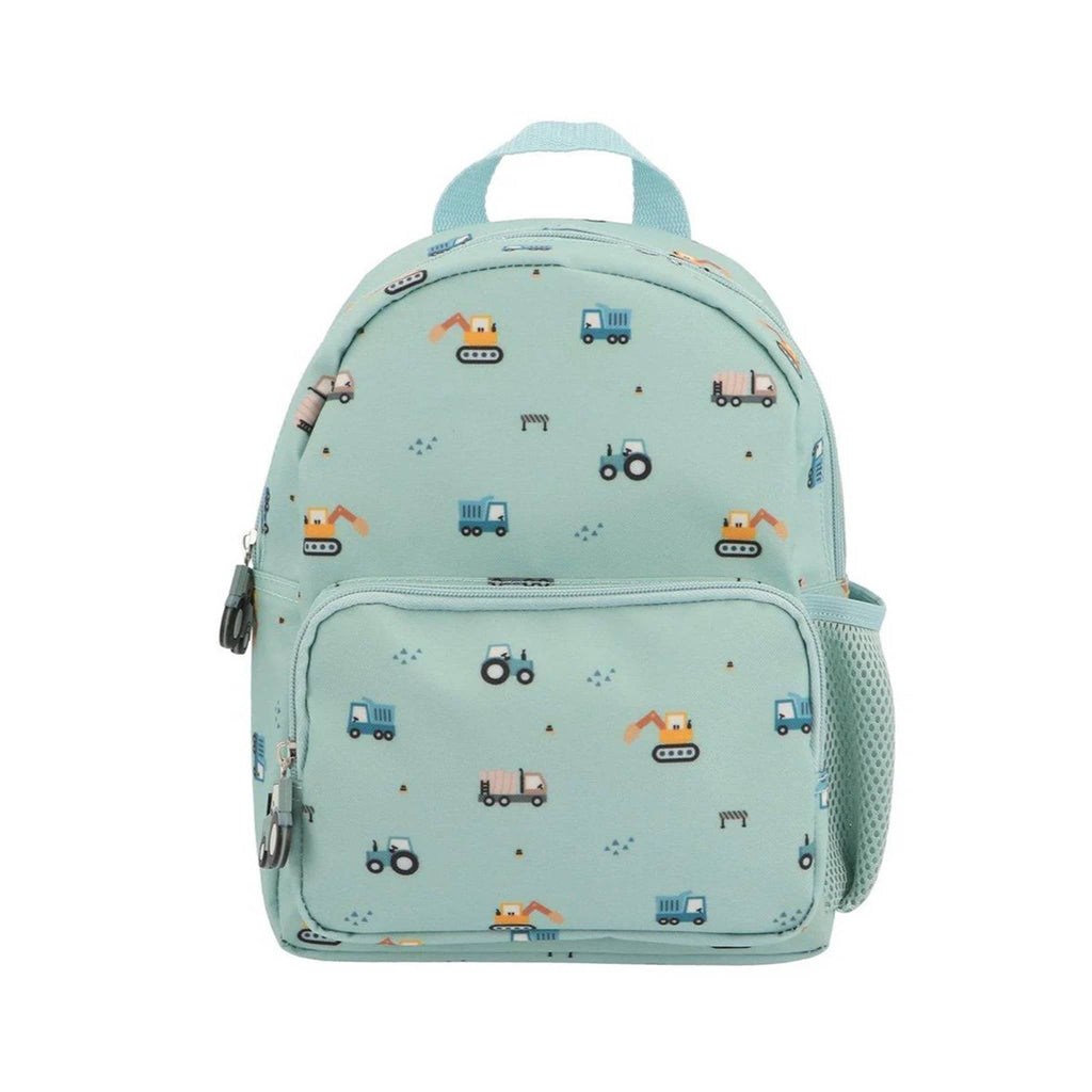 Light blue backpack with small truck illustrations, front view on a white background.