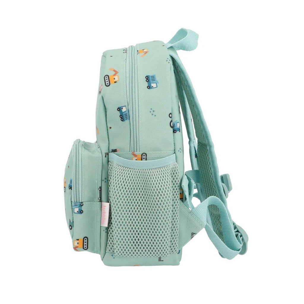 Light blue backpack with small truck illustrations and a mesh bottle pocket, side view on a white background.