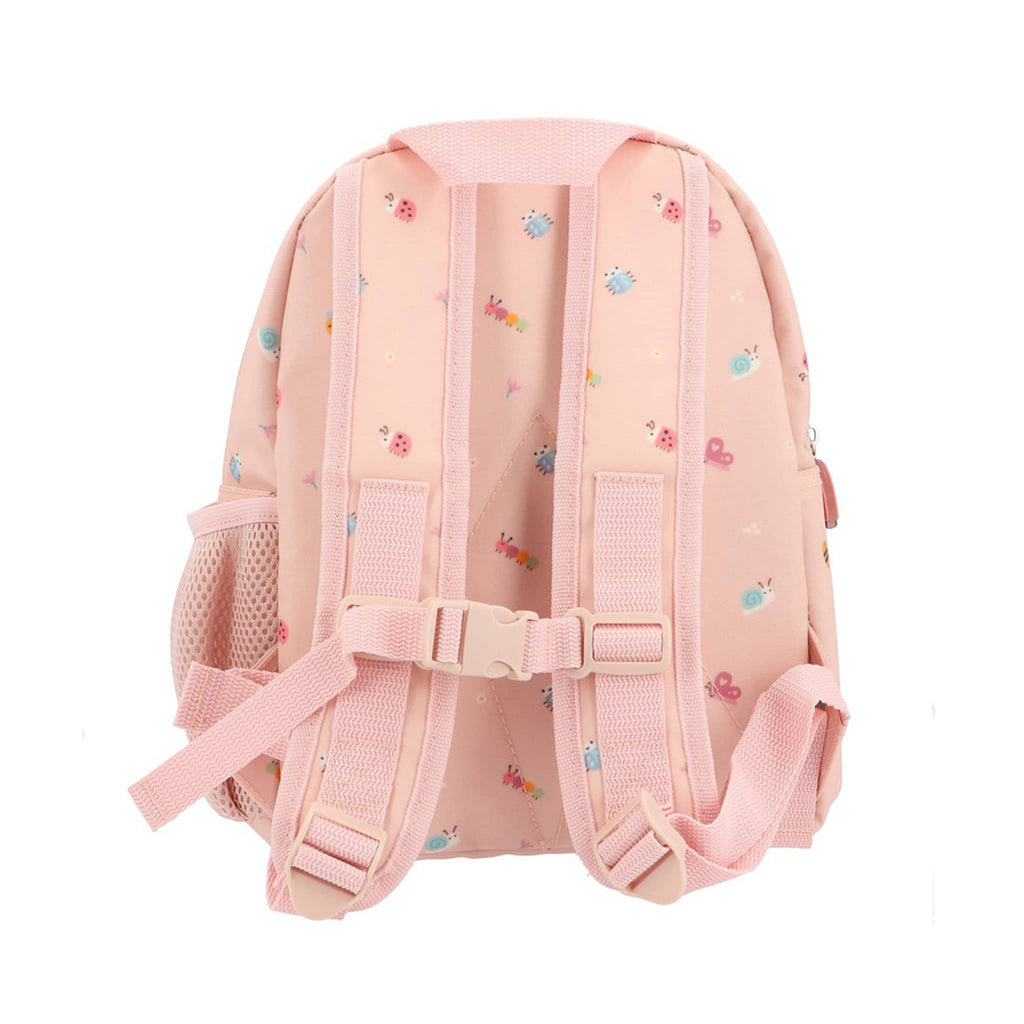 Pink backpack with small bug illustrations, back view on a white background.