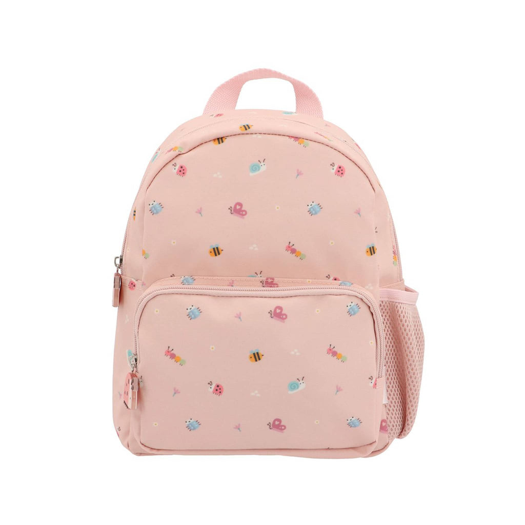 Pink backpack with small bug illustrations, front view on a white background.