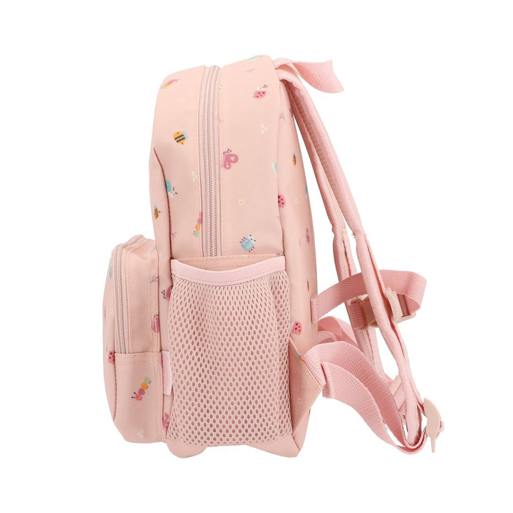 Pink backpack with small bug illustrations, side view with mesh bottle pocket on a white background.