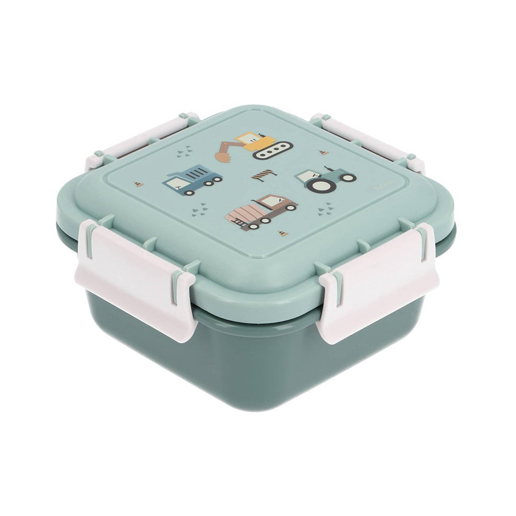 Green square kids lunch box with truck designs on the lid, front angle on a white background.