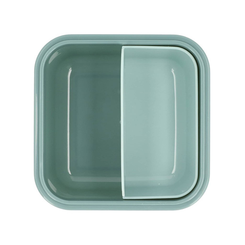 Green square kids lunch box, overhead view with insert, on a white background.